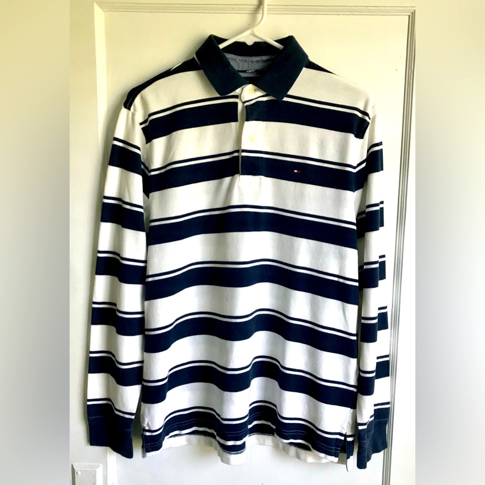 Tommy Hilfiger Long sleeve Polo Shirt Navy Blue With White Mens Size Medium